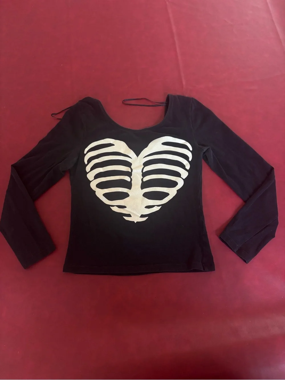 Black Long-Sleeve Top with White Ribcage Heart Graphic